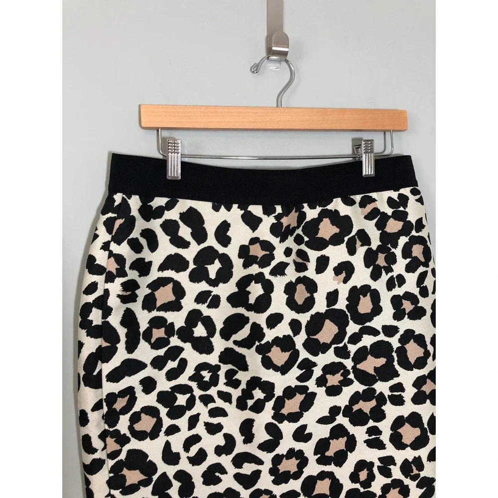 Ann Taylor Pencil Skirt Women 10 Ivory Black Tan Leopard Print Elastic Waist